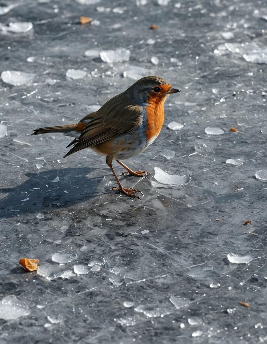 European Robin on Shattered Ice: Hyperrealistic Portrait