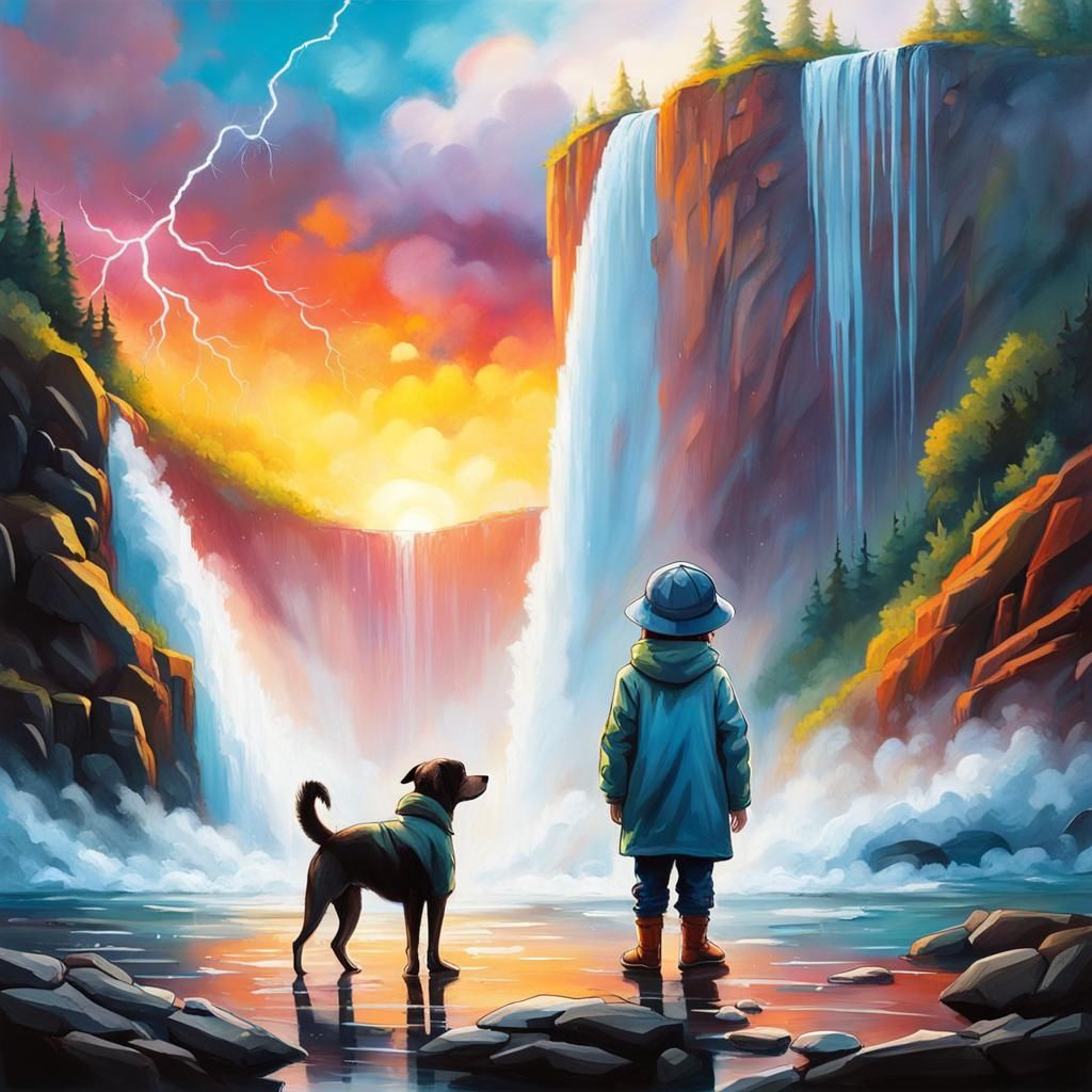 Boy and Dog at Waterfall in Graffiti Art Style