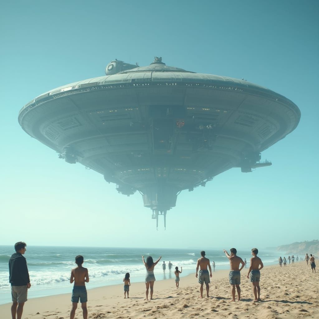 Colossal Alien Spaceship Emerges Above Beach