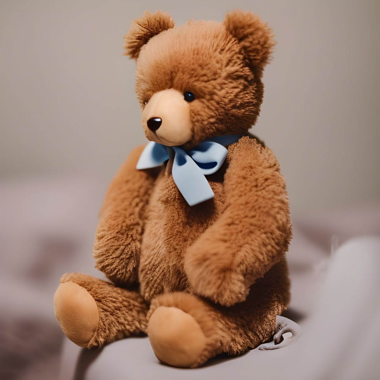 Adorable vintage teddy bear, beautiful brown fur, curly fur, adorable face, symmetrical realistic blue eyes,  beautiful ...