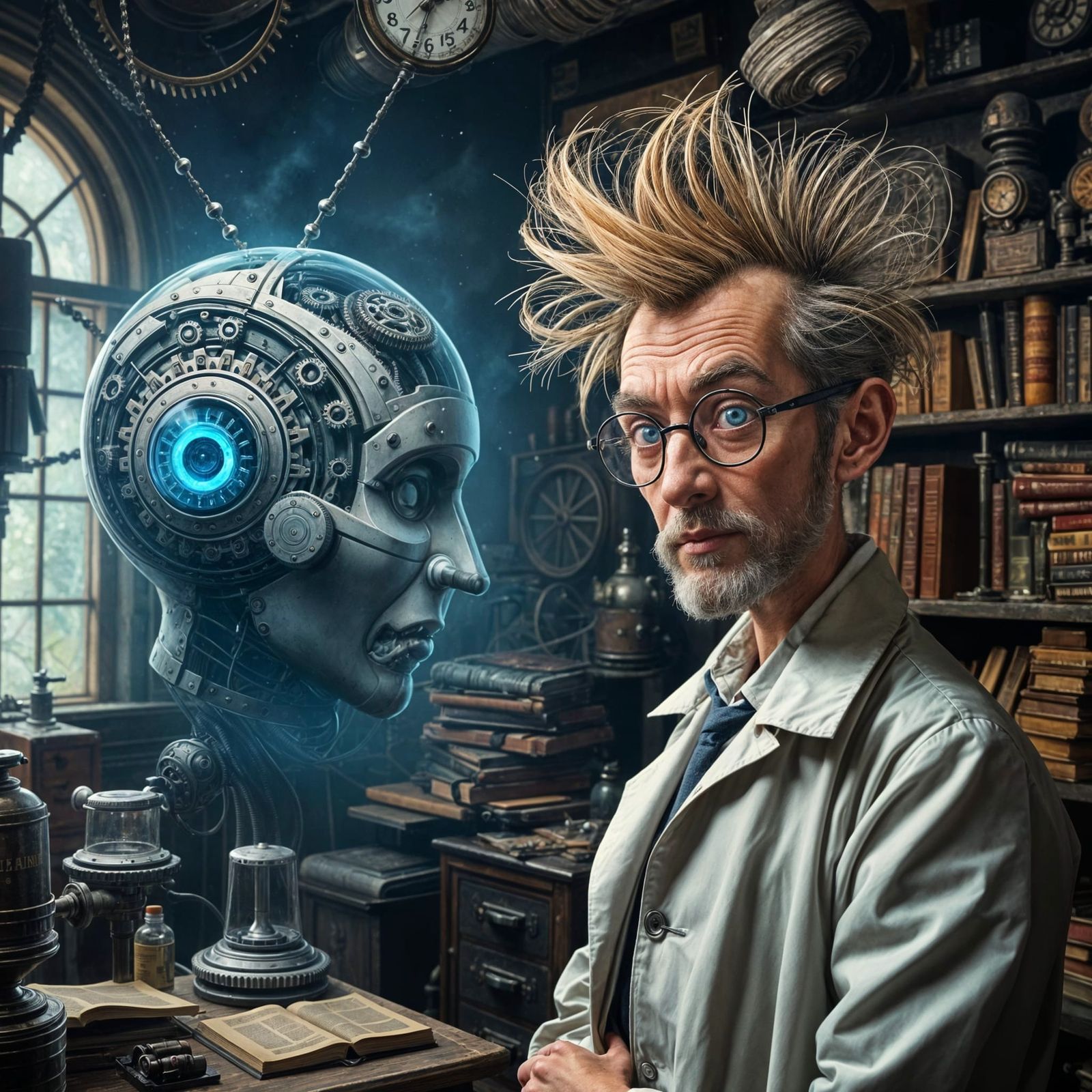 Eccentric Inventor Meets Futuristic AI in a Vintage Workshop