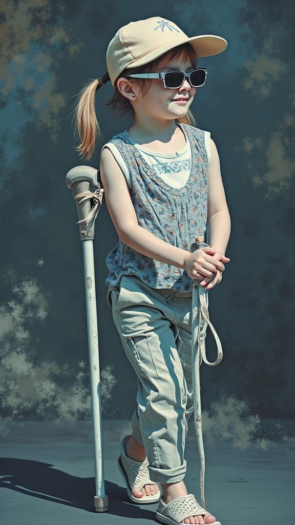 Blind Girl Portrait With White Cane, Studio Lighting