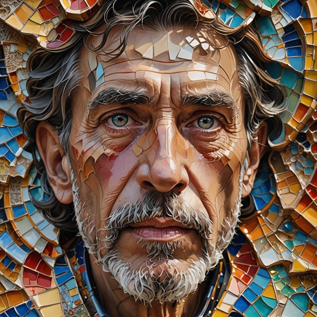 Gaudi-Inspired Hyperrealistic Portrait with Colorful Accents