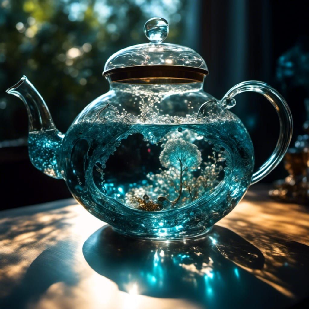 Glass Teapot with Water Splashes in Photorealistic Style