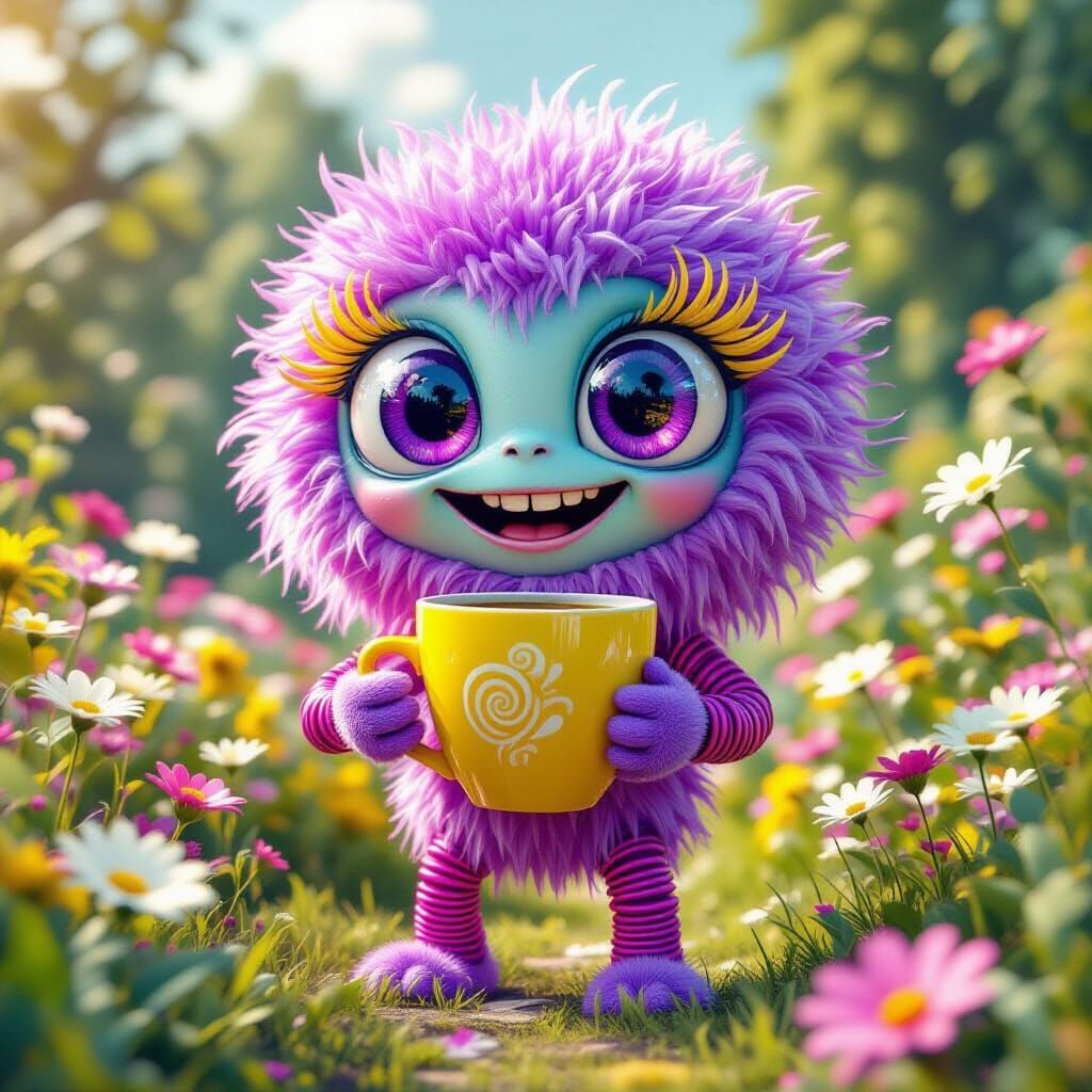 Fuzzy Alien in a Flower Garden, 3D Render