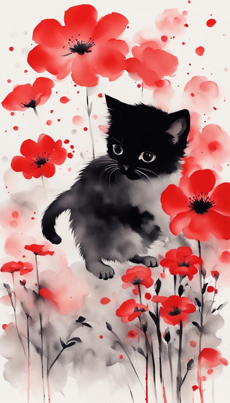 Minimalist Kitten Playing with Flower in Ink Painting