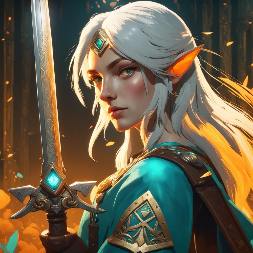 Zelda-Inspired Witcher with Buster Sword in Hyperdetailed Ar...