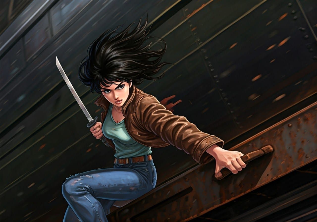 Daring Woman on Train in Anime Style