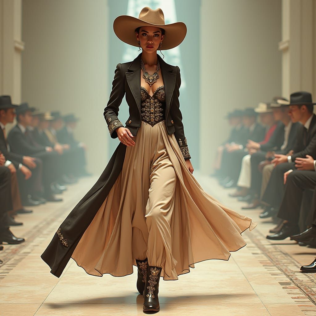 High-Fashion Model in Western-Inspired Runway Outfit