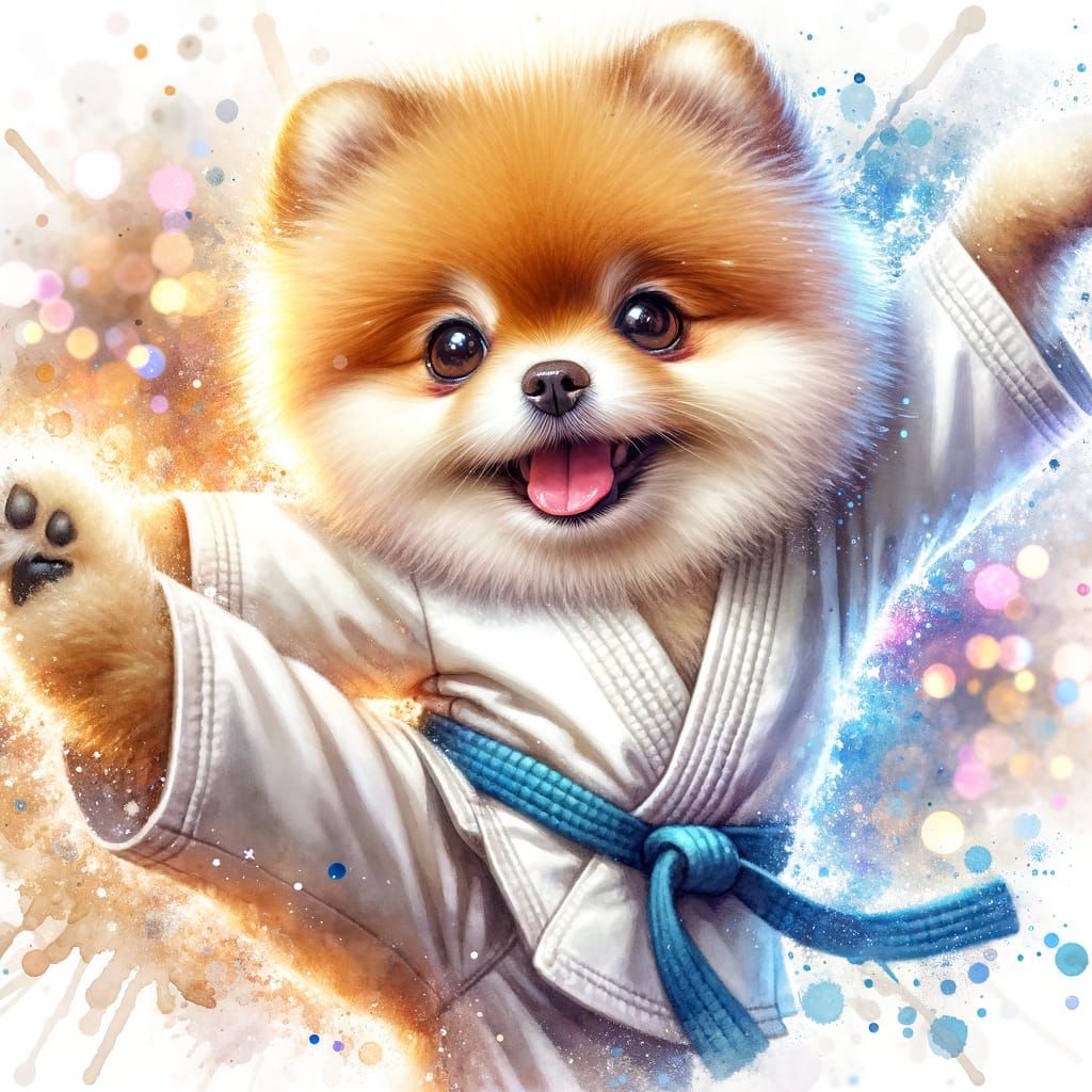 Happy Pomeranian Dog in Karate Suit, Watercolor Splash Art