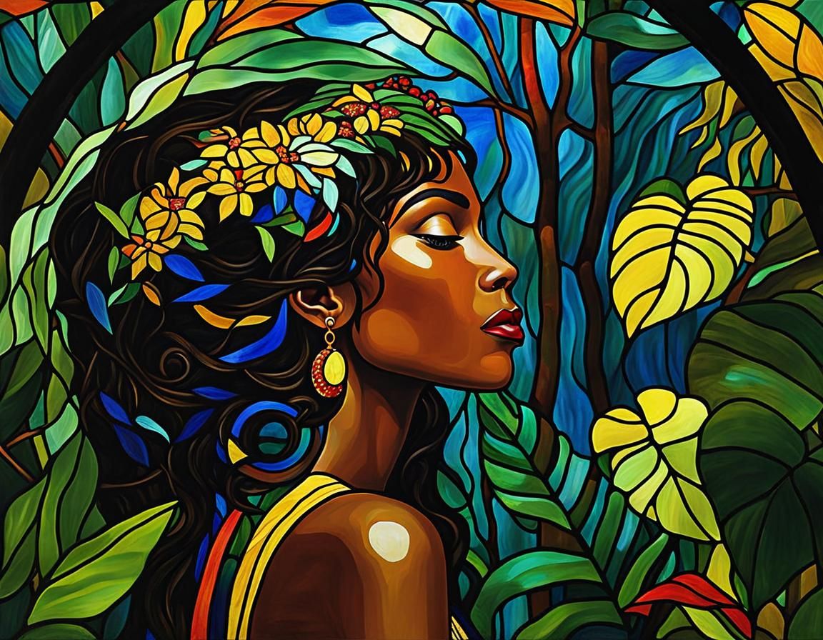 Abstract Jungle Woman in Stained Glass Style