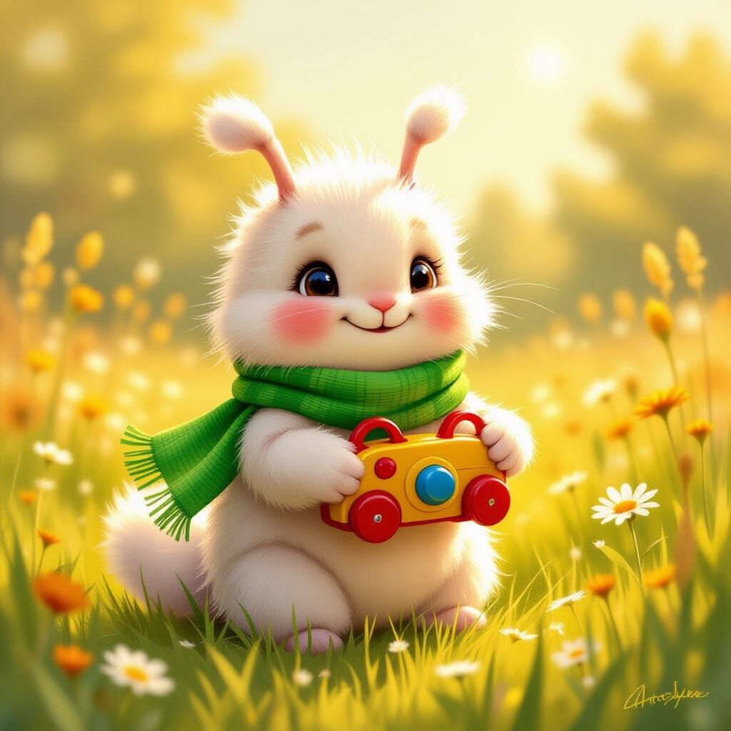 Fluffy Caterpillar with Toy in Sunny Meadow