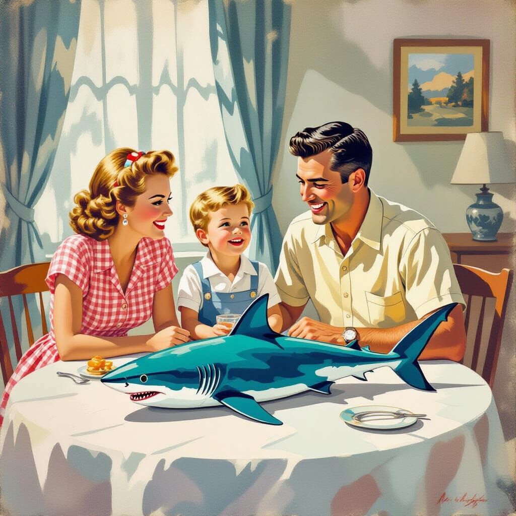 1950s Family Dinner with Shark, Gouache Painting