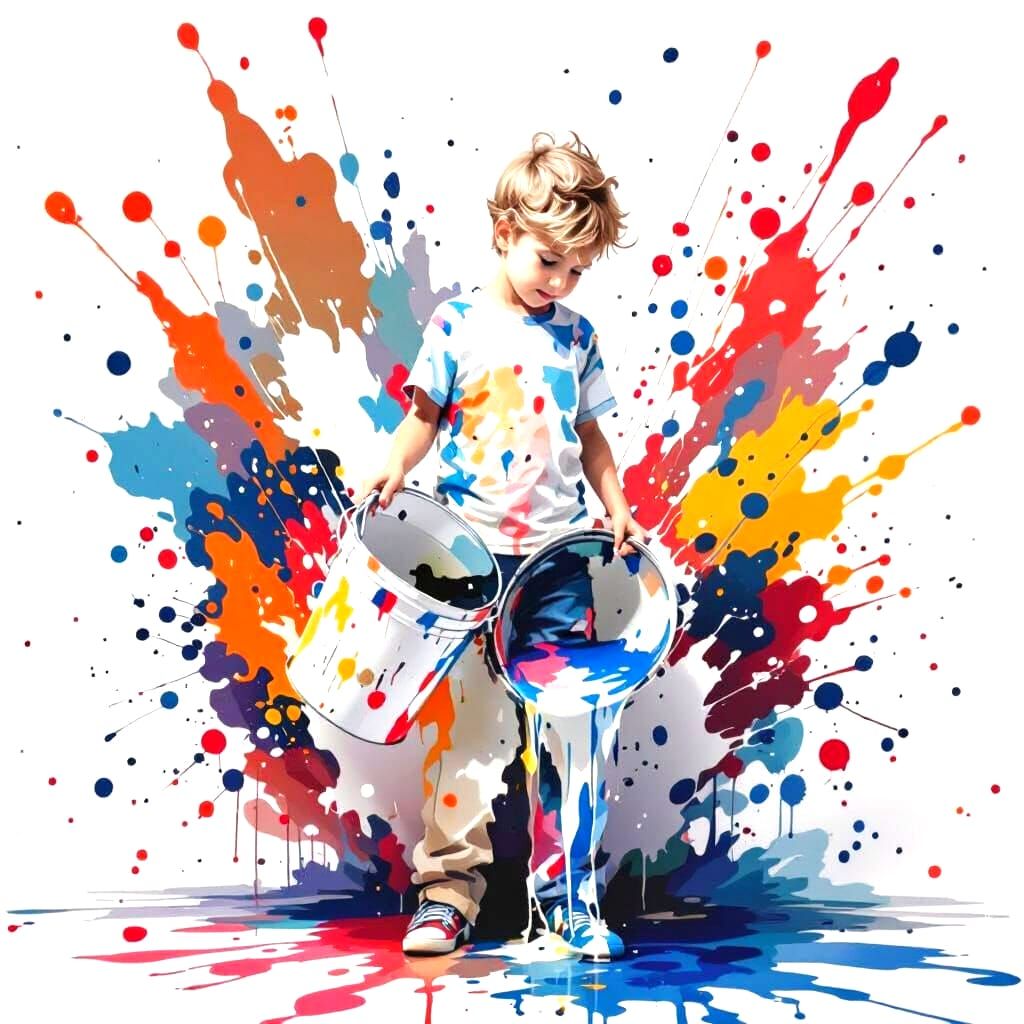 Boy Pours Paint Bucket Onto Floor in Watercolour Style