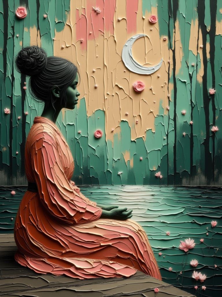 Goddess Meditating in Zen Garden Surreal Oil Painting