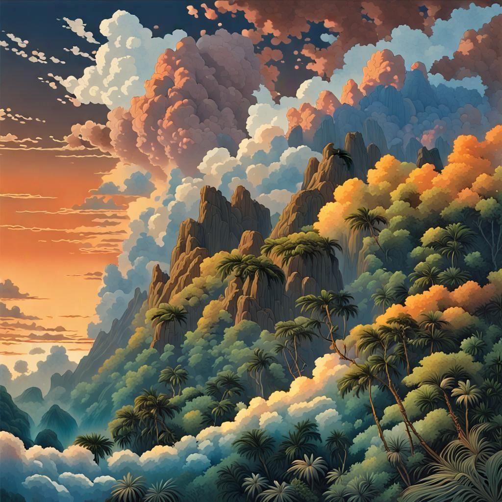 Exotic Jungle Landscape in Woodblock Style