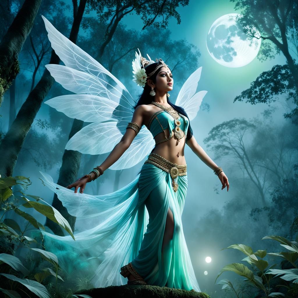 Ethereal Hindu Apsara Under Full Moon in Indian Jungle