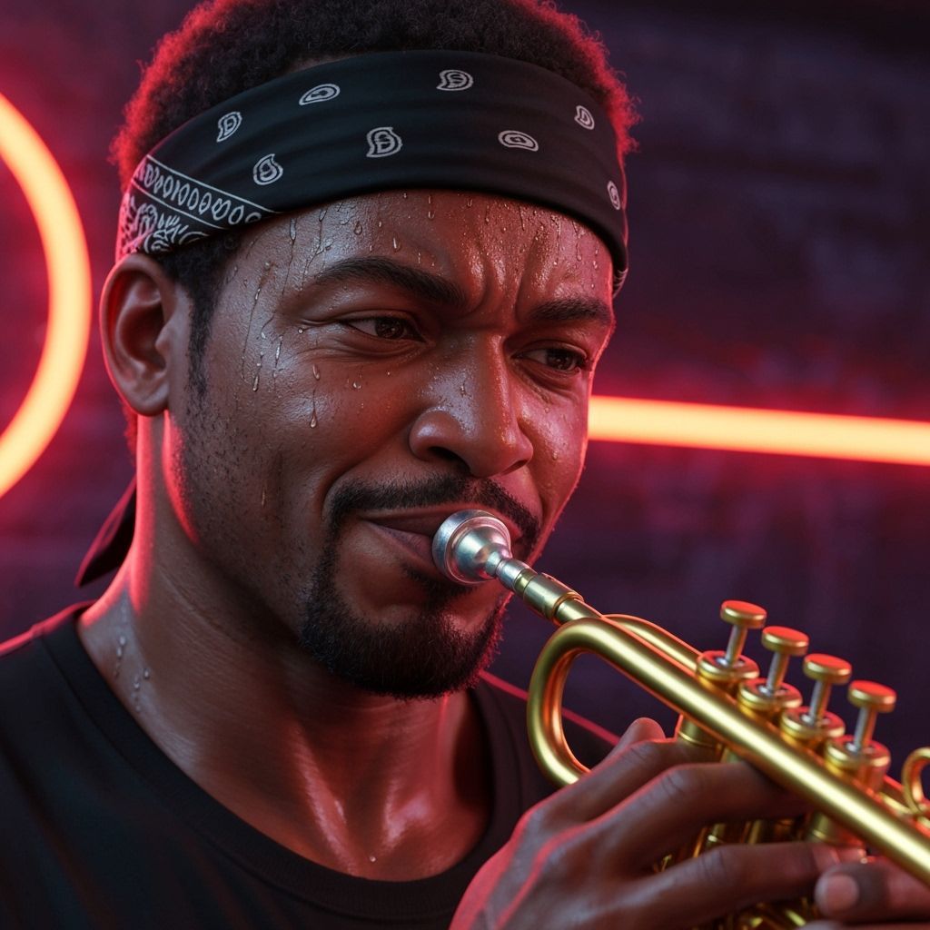 Intense Trumpet Player in Neon Lit Jazz Club