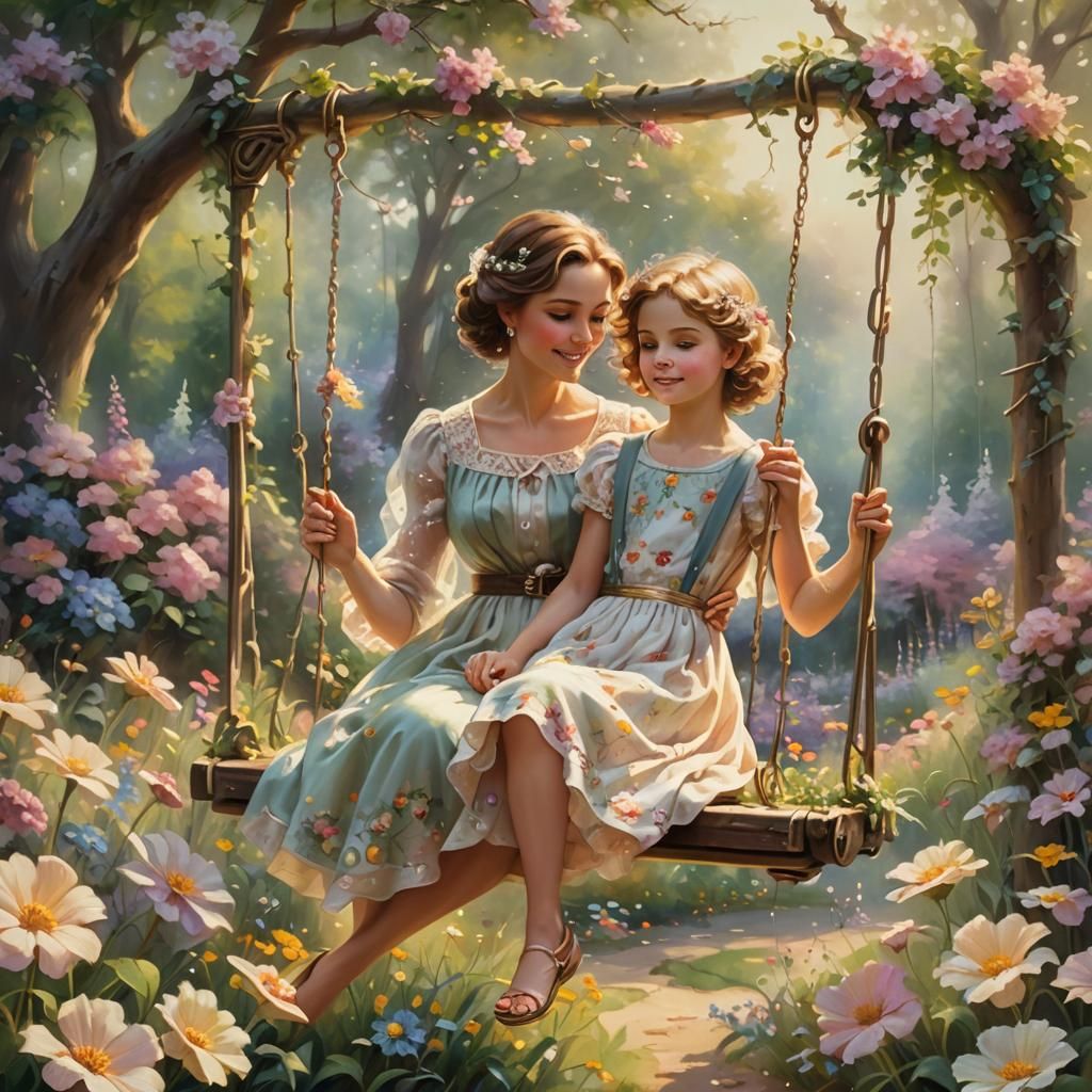 Ethereal Mother and Daughter in Flower Garden