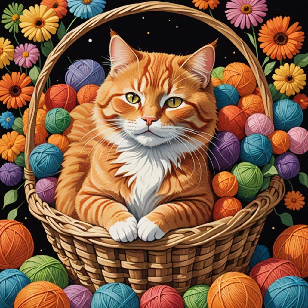 Cozy Whimsical Cat Surrounded by Yarn in Dreamlike Gouache