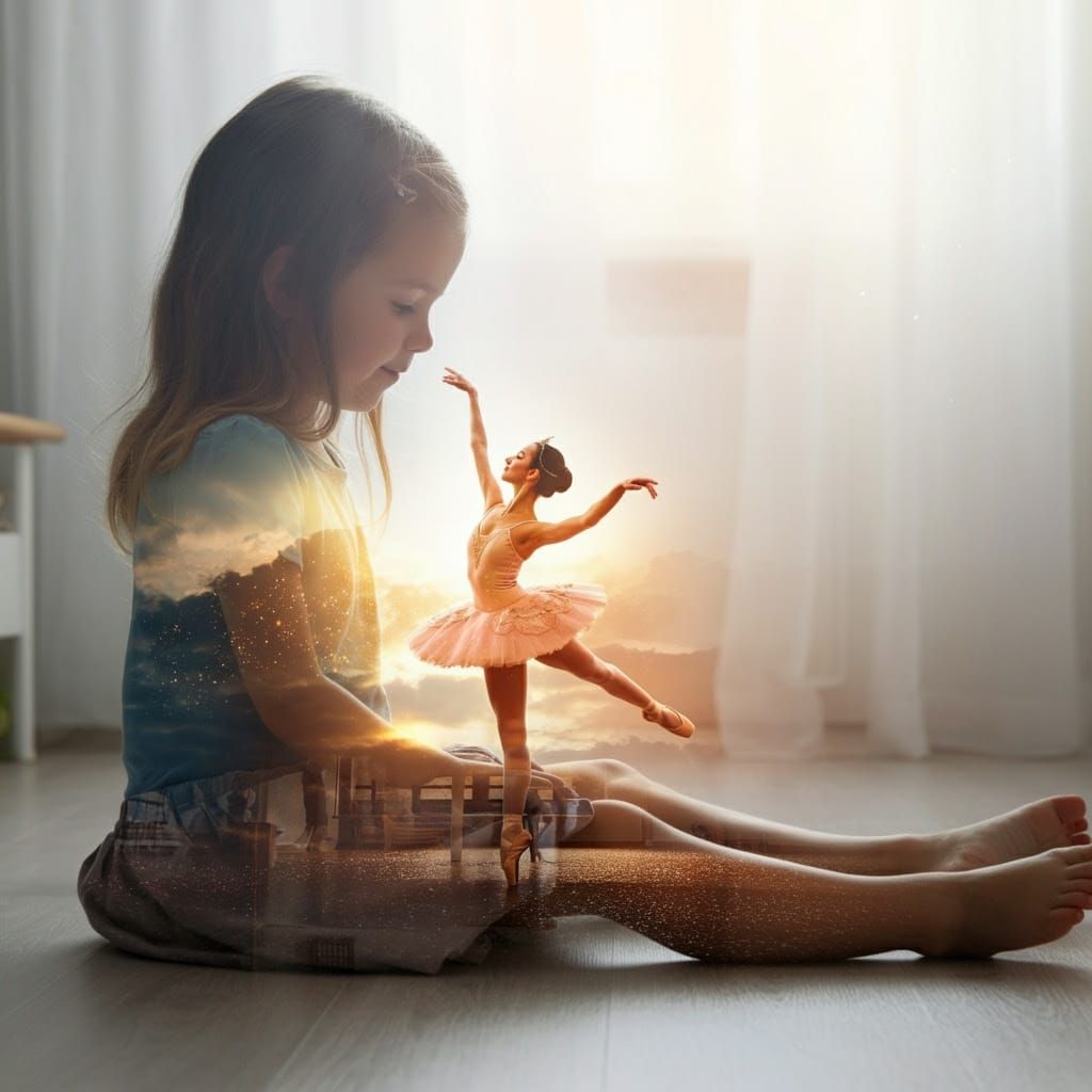 Young Girl's Whimsical Double Exposure Ballerina Scene