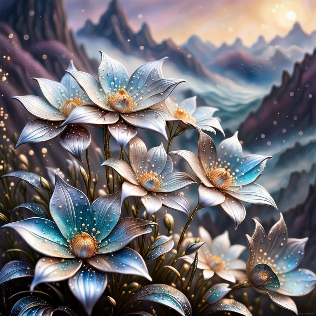 Ethereal Iridescent Bloom Amidst Celestial Cascades in Elega...