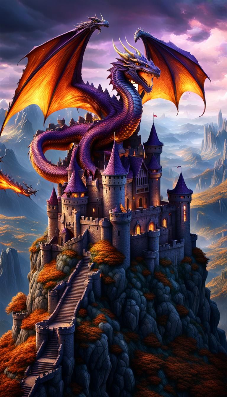 Fiery Dragon on Haunted Castle, Dark Fantasy Art