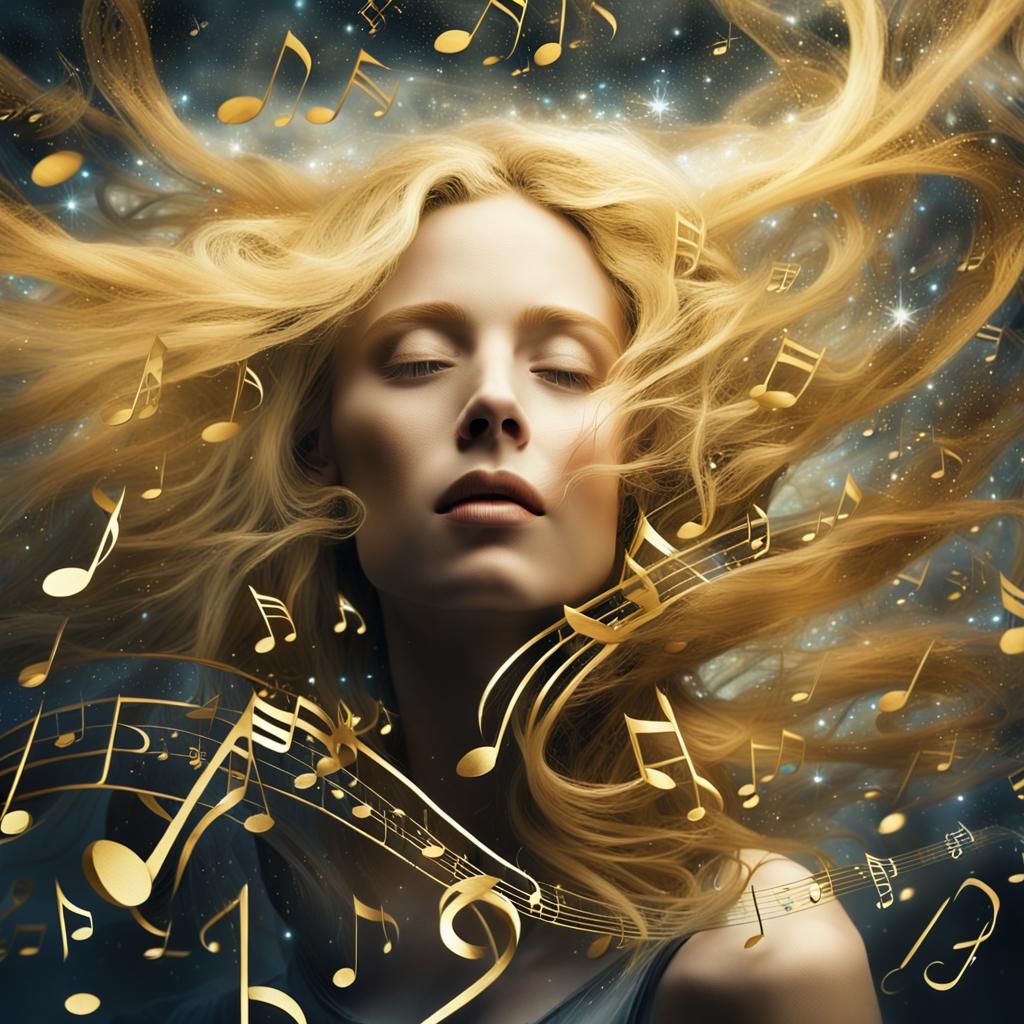 Surreal Musician Portrait with Flowing Musical Notes