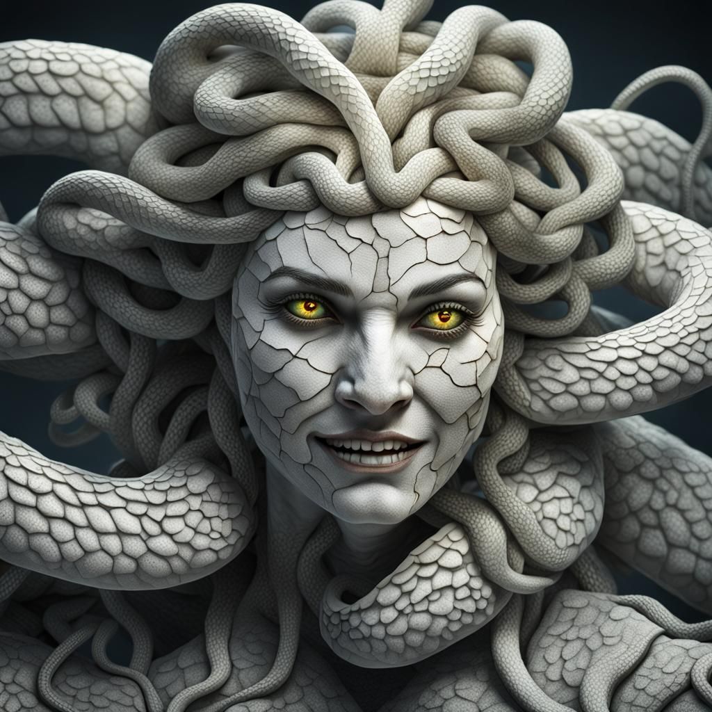 Sinister Smiling Medusa Portrait in Hyperdetail