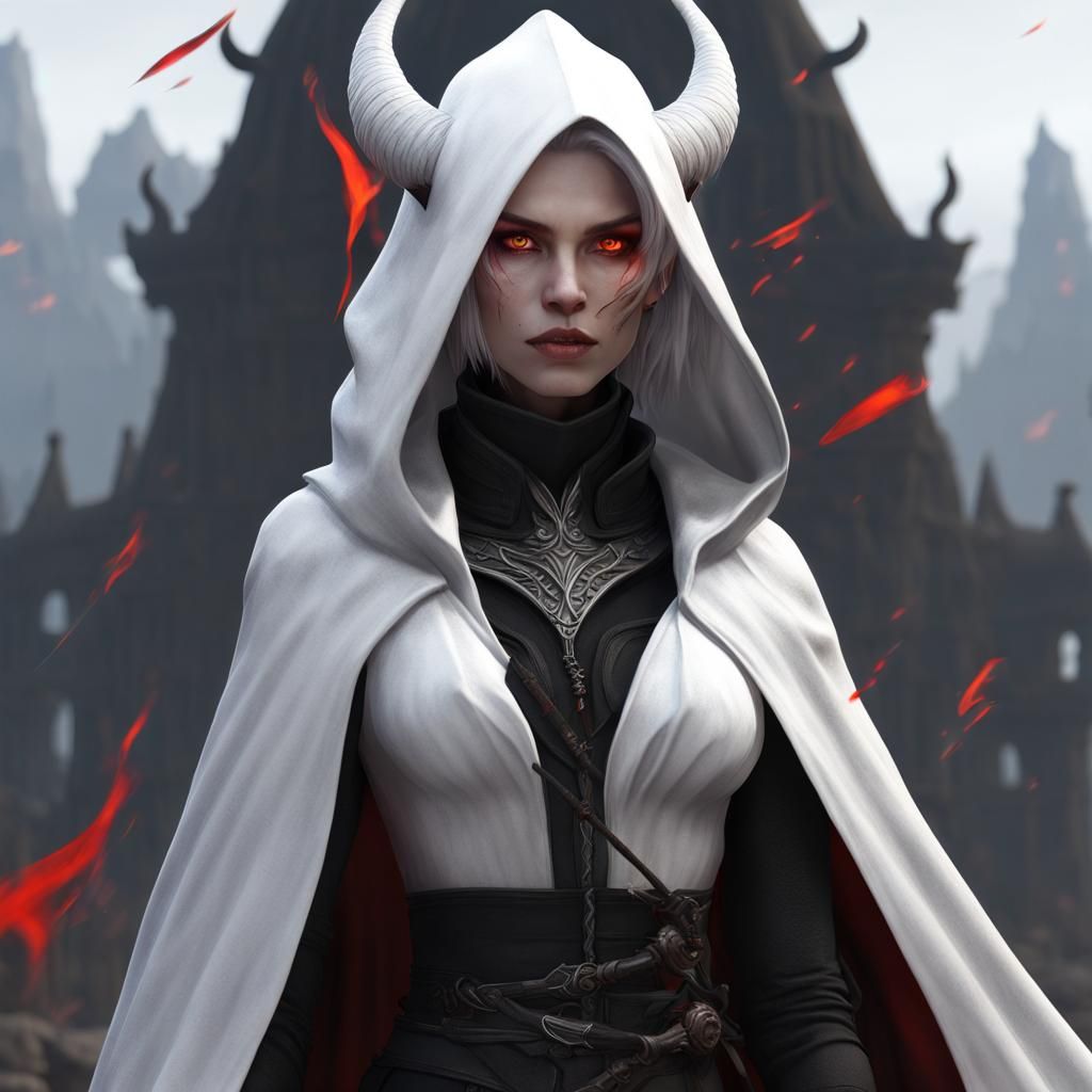 Beautiful White Tiefling with Red Eyes in Detailed Matte Pai...