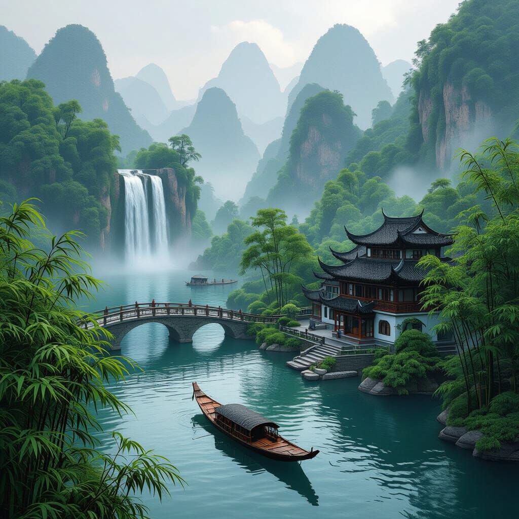 Serene Chinese Mountain Landscape with Villa and Waterfall