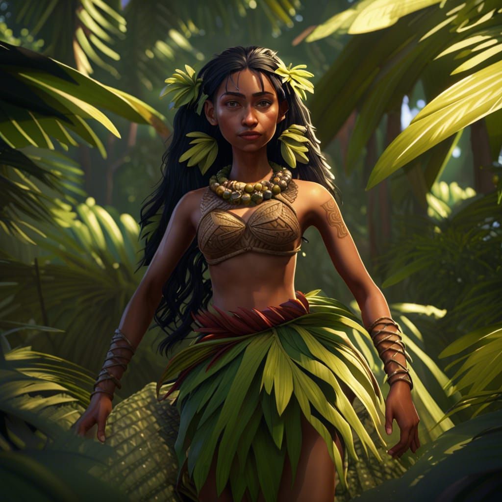 Polynesian Girl Collecting Flowers: 3D Render