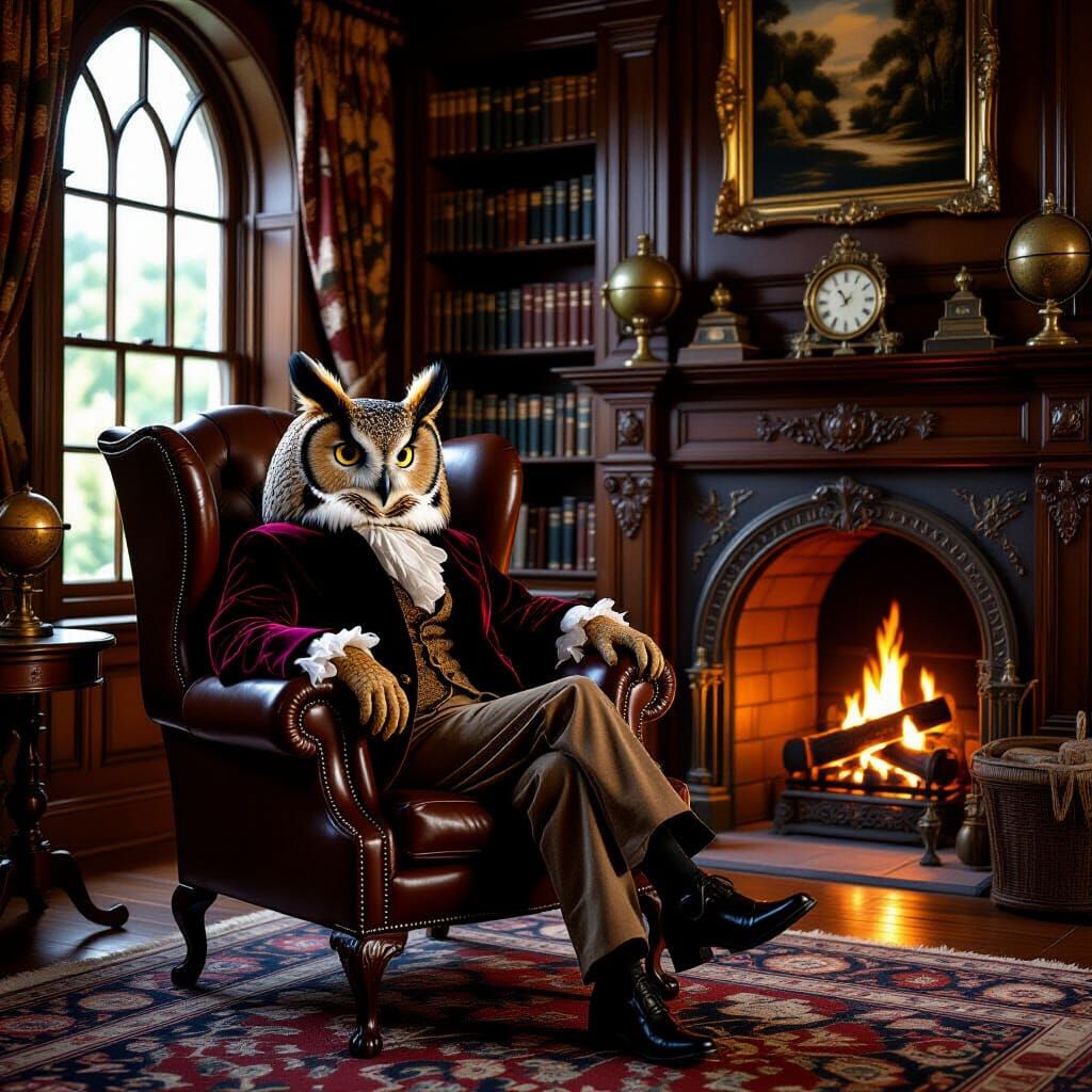 Wise Old Owl in Library, Rembrandt Lighting