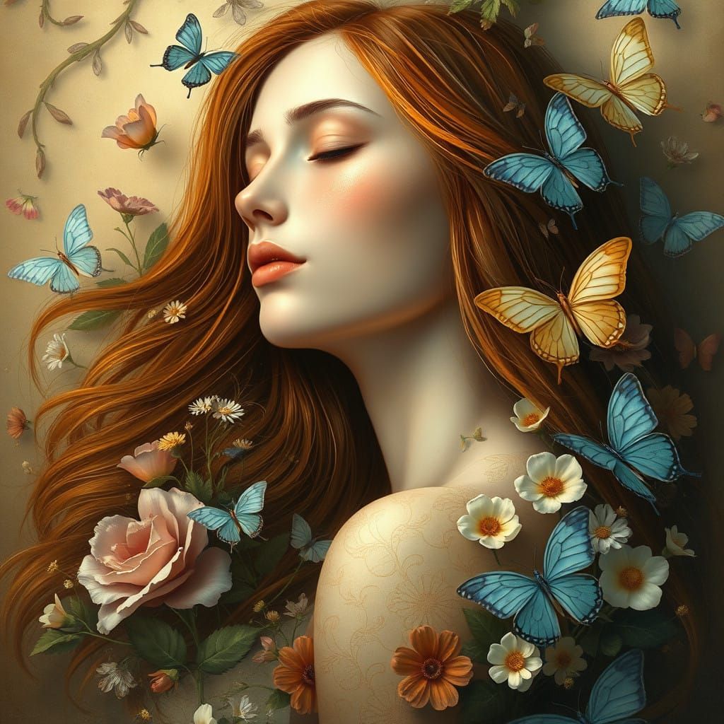 Surreal Portrait of a Serene Young Woman in a Whimsical Flor...