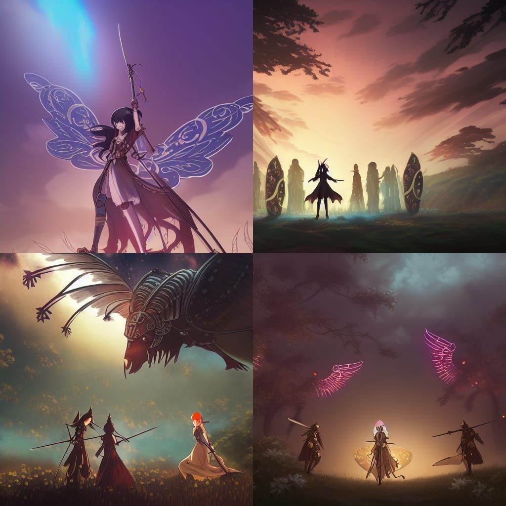 Steampunk Warriors with Neon Wings at Dusk