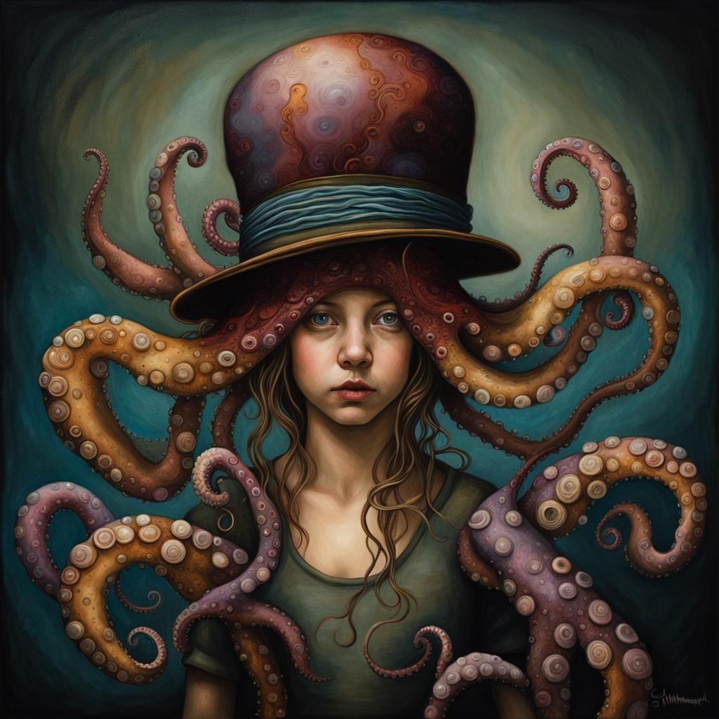 Girl in Octopus Hat: Chiaroscuro Watercolor Art
