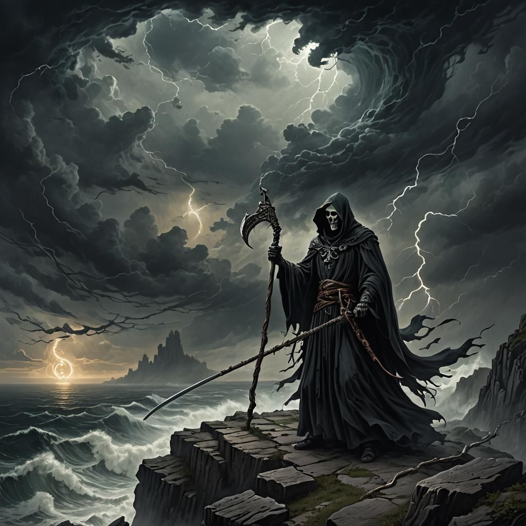 Grim Reaper Overlooking Stormy Sea in Dark Fantasy