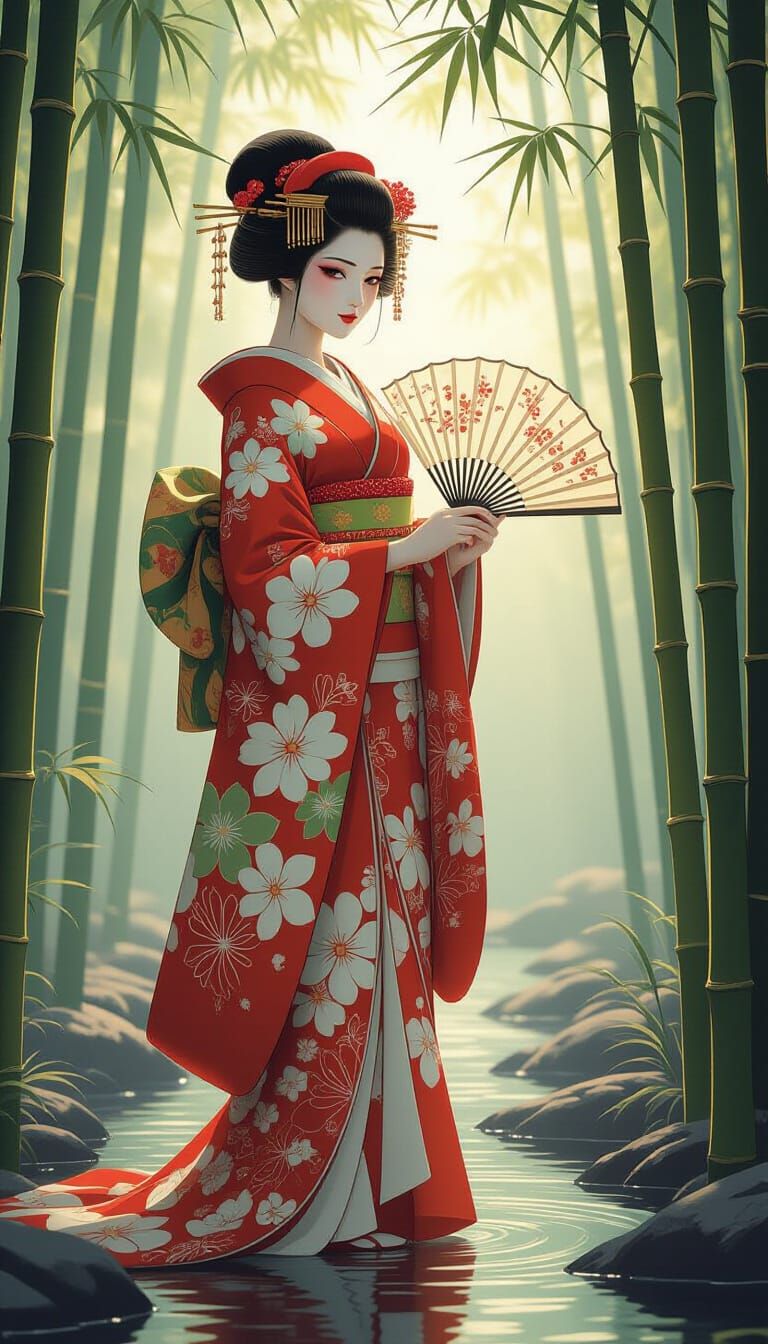 Geisha in Bamboo Forest: Ukiyo-e Style Portrait