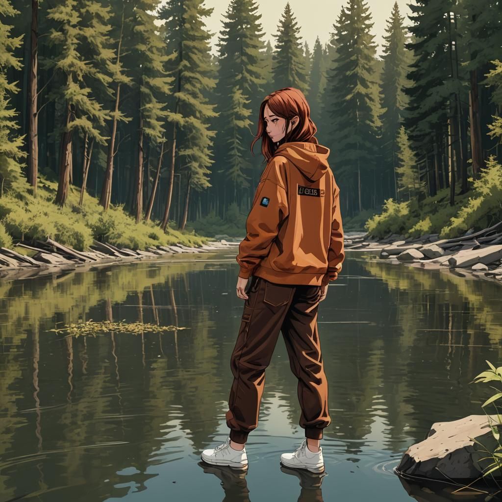 Cyberpunk Girl Crying by a River in Summer