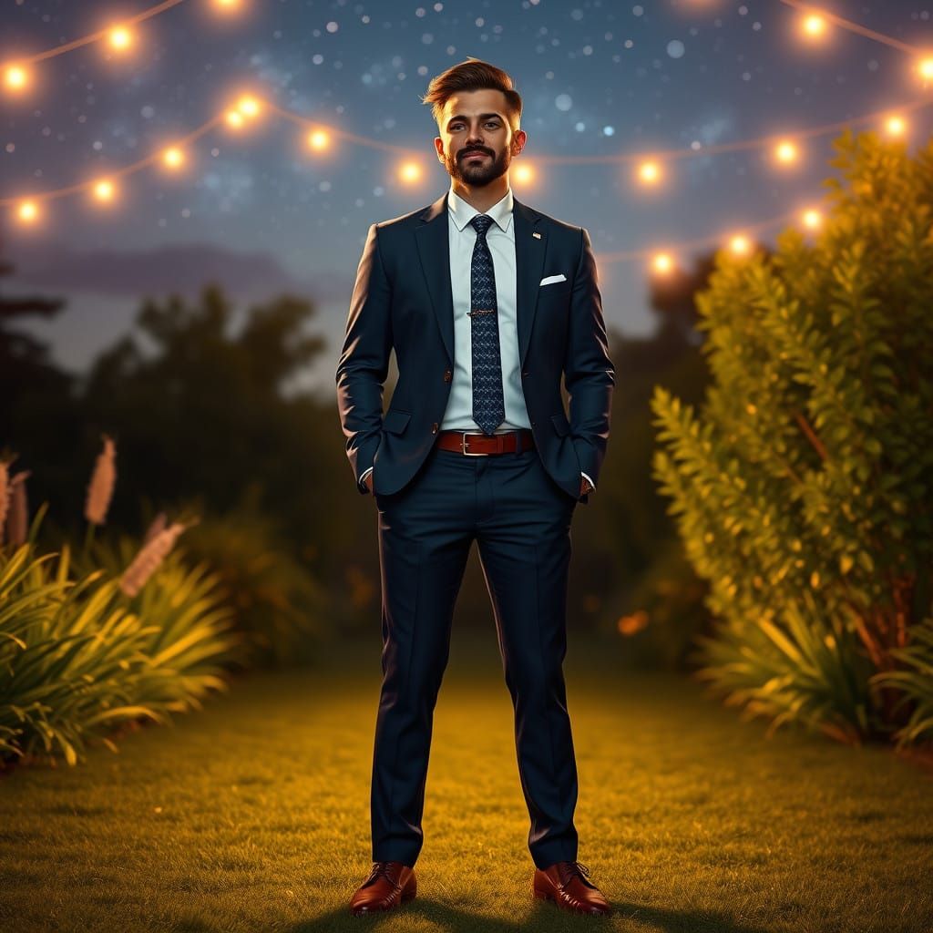 Modern Groom Stands Under Starry Night Sky