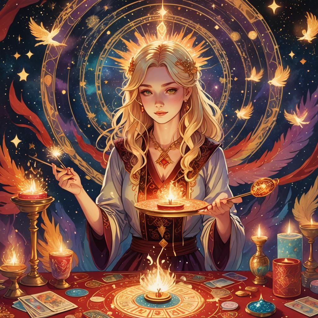 Vibrant Anime Tarot Reader with Phoenix Wand
