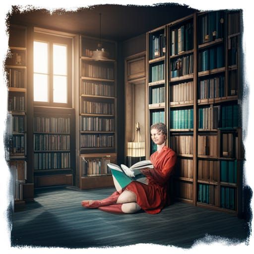 Double Exposure Woman Reading in Library