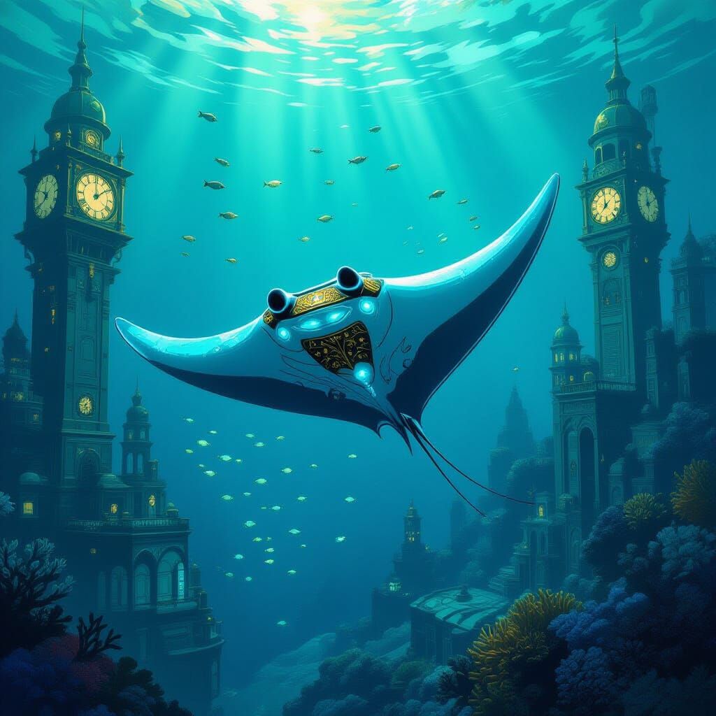Bioluminescent Manta Ray in Sunken Steampunk City