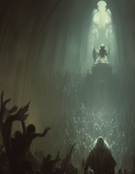 Eerie Idol Worship: Gothic Engraving in Doré Style