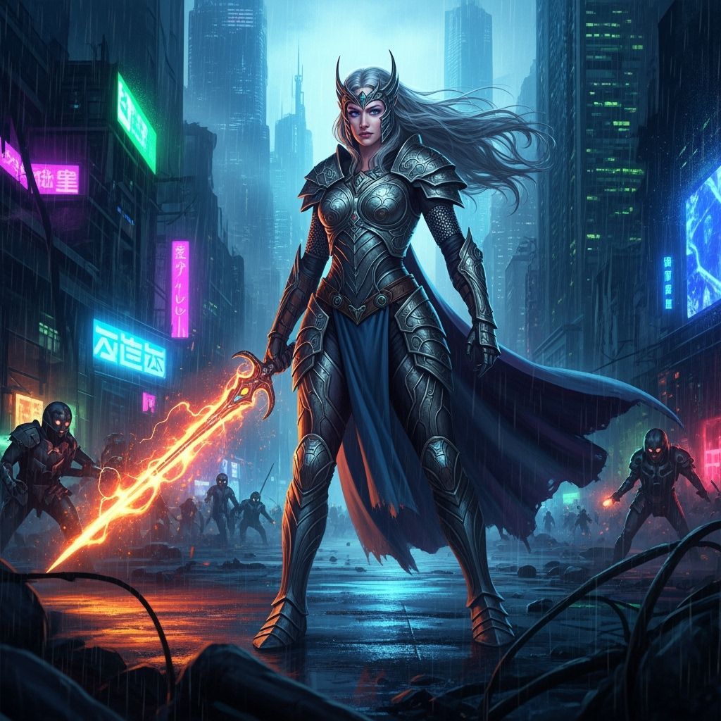 Elven Warrior Queen on Cyberpunk Battlefield