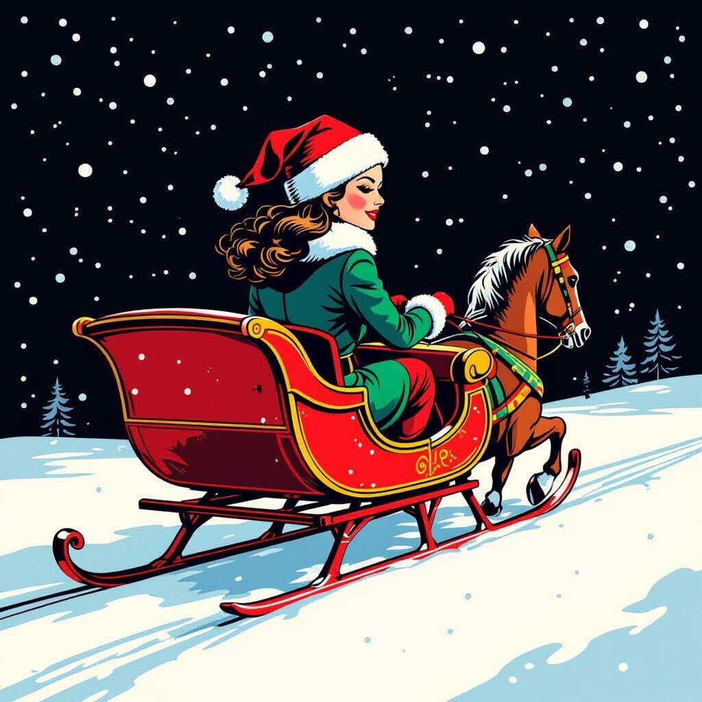 Retro Pin-Up Woman in Sleigh with Santa Hat