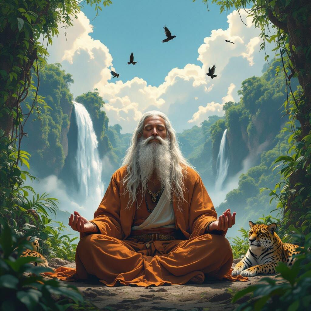 Meditating Man by Majestic Waterfall in Lush Jungle