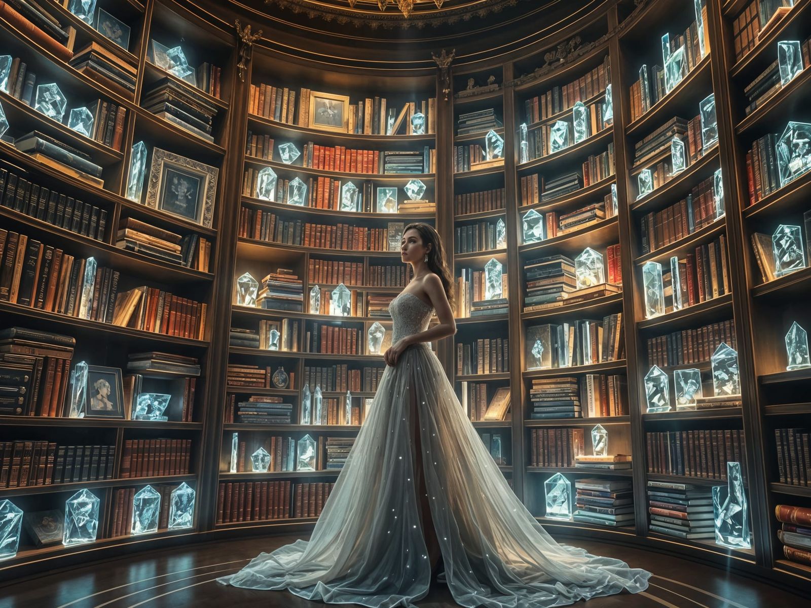 A Woman Surrounded by Crystal Books in a Majestic Library