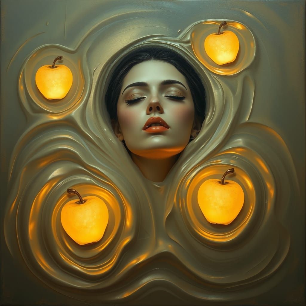 Surreal Woman with Apple Lamps in Oil