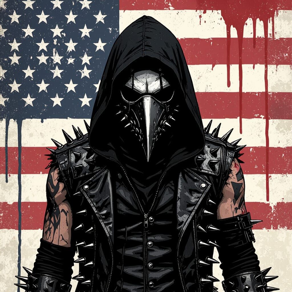 Punk Plague Doctor Faces Bleeding Flag in Gritty Comic Style